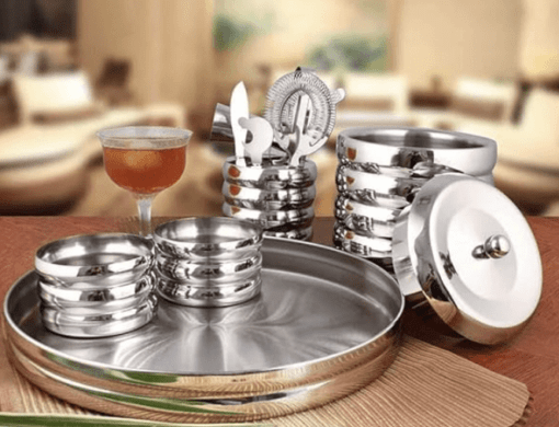Shri & Sam Stainless Steel Ribbed Bar Set with 1 PC Ice Bucket, 1 PC Tray, 4 PCS Bar Tools with Tool Holder, 2 PCS Snack Bowls - Image 2